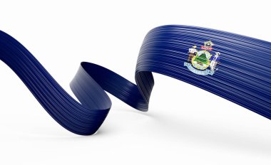 Beyaz arka planda Maine eyaleti bayrağı tasarımı olan bir kurdele sallıyor. 3B illüstrasyon