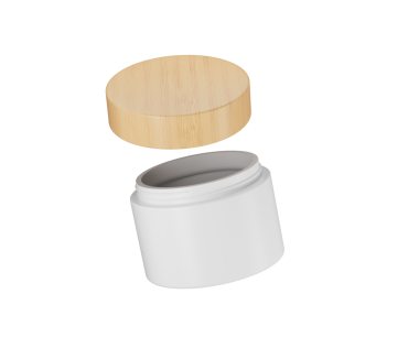 Boş beyaz krema kavanozu ve güzellik ürünleri ambalajı için doğal ahşap kapak.
