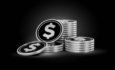 Gümüş ve siyah Amerikan Doları Yığını Parlak Gümüş Parlak Arkaplanda 3D Görüntü