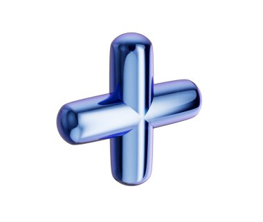 Pürüzsüz, yansıtıcı metalik yüzeyi ve yuvarlak kenarları olan 3D mavi artı sembol. 3d illüstrasyon