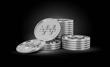 3D Yığınla Gümüş Kore Won 'u Parlak Yuvarlak Bozukluklar Karanlık Arkaplan 3D Görüntü