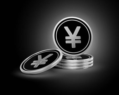 Gümüş ve siyah Japon Sikkeleri Yığını Parlak Gümüş Parlak Arkaplan 3D Görüntü