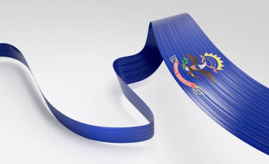 Kuzey Dakota bayrak renginde 3 boyutlu dalgalı kurdele, ulusal gurur ve zarafetle akıyor. 3B Görüntü