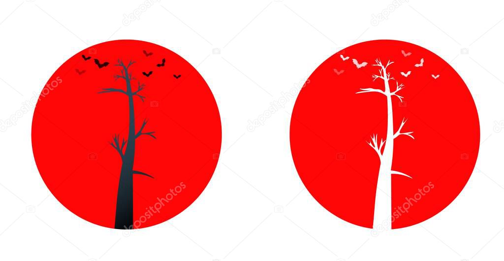 Vector tree with bats on red background halloween