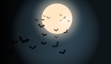 Cadılar Bayramı karanlık gece gökyüzü. Yarasalar parlak aya uçar. Neşeli kasvetli (korkunç) atmosfer. Vektör. Renkli. Cadılar Bayramı geçmişi.