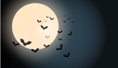 Cadılar Bayramı karanlık gece gökyüzü. Yarasalar parlak aya uçar. Neşeli kasvetli (korkunç) atmosfer. Vektör. Renkli. Cadılar Bayramı geçmişi.