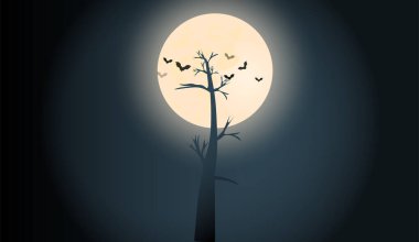 Cadılar Bayramı karanlık gece gökyüzü. Yarasalar ayın arka planına karşı uğursuz yalnız bir ağacın yakınında uçarlar. Neşeli kasvetli (ürkütücü) atmosfer. Vektör. Renkli. Cadılar Bayramı geçmişi.