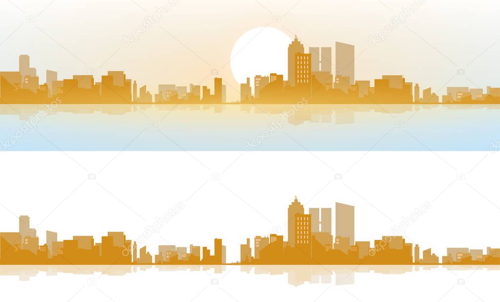 View of the modern daytime city. The brightening light of the sun. Sunrise, dawn. Horizon lines. Vector illustration in a flat style. Beautiful background with lighting.