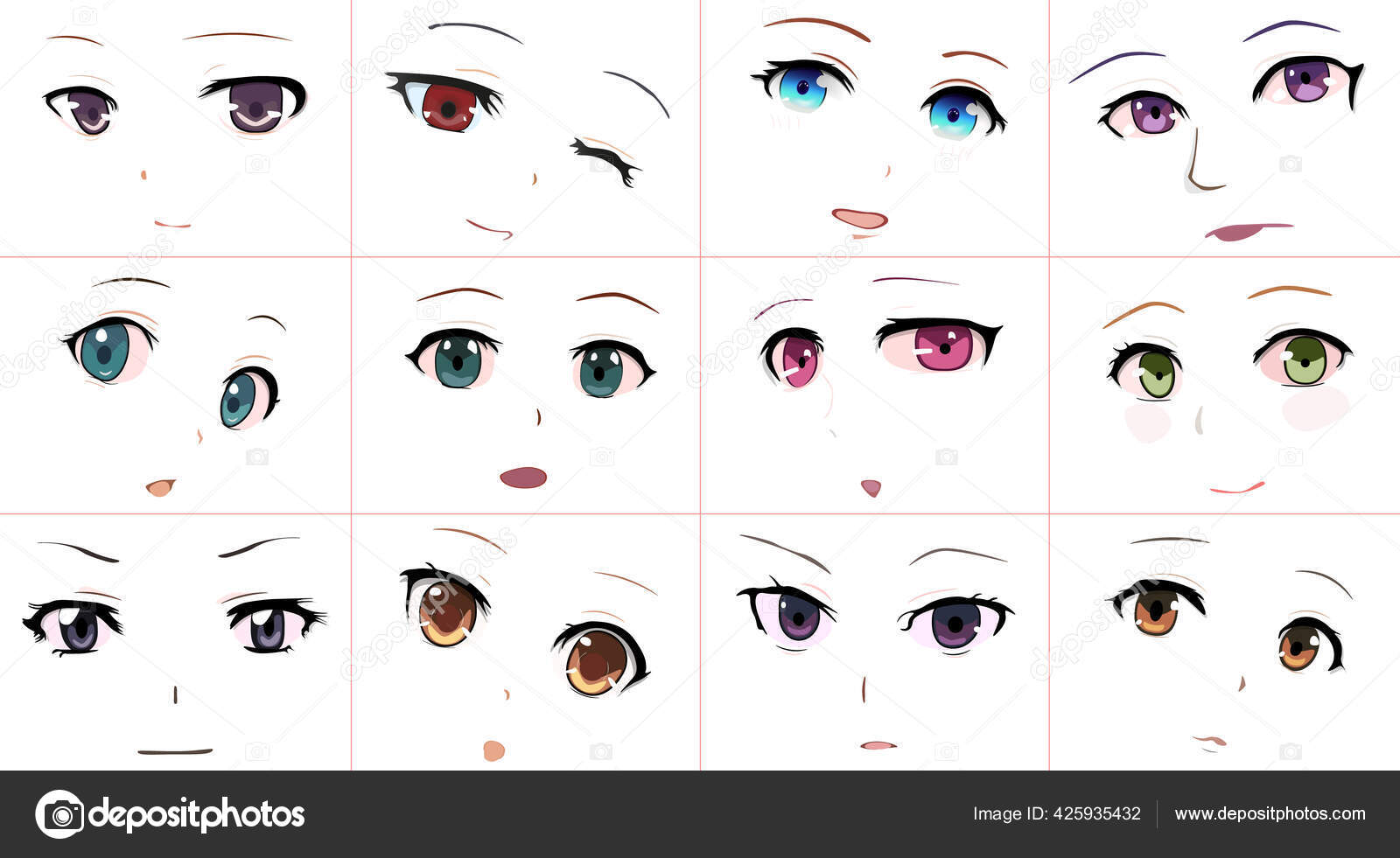 Vector Big Set of Anime Faces with Hair. Flat Gray Icons of Girls