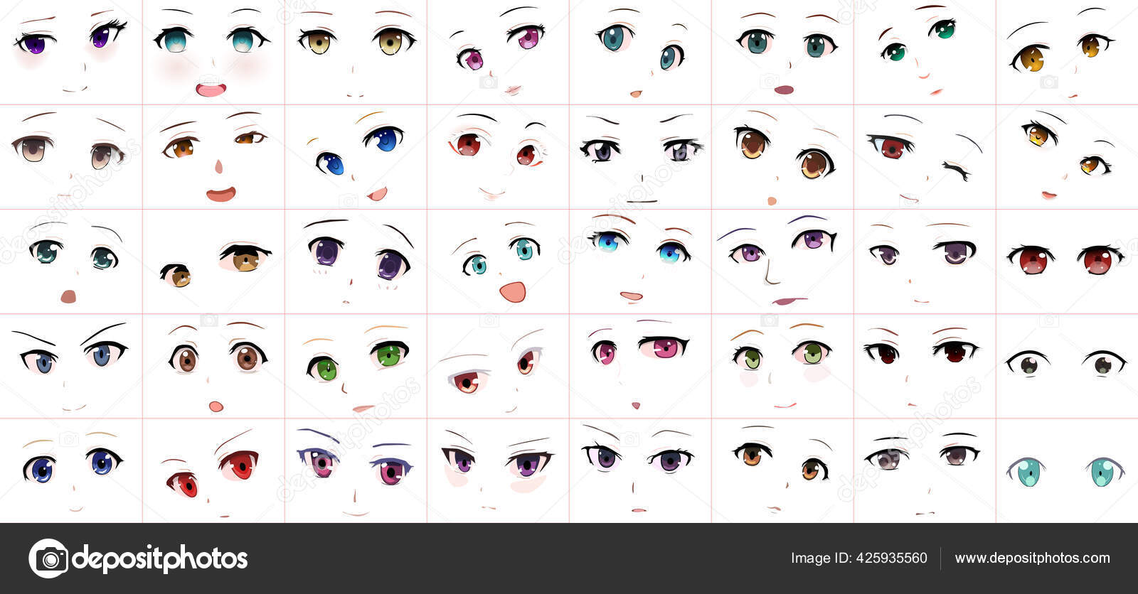 Set Vector Cartoon Anime Style Expressions Inglês Kawaii Caras