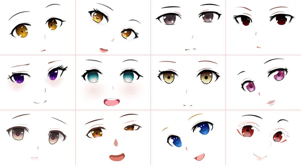 Expressões faciais kawaii de personagens femininos de anime. conjunto de  ilustração vetorial de boca, olhos e sobrancelhas de mulher mangá. emoções  de anime girls dos desenhos animados. desenhos animados, emoção, mangá,  olhos