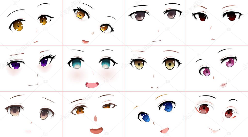 Set of Vector Cartoon Anime Style Expressions. Kawaii Cute Faces. Different Eyes, Mouth, Eyebrows. Joy. Anger. Calmness. Anime girl in japanese. Anime style, drawn vector illustration. Sketch. Isolated vector illustration icons set. Hand drawn vector