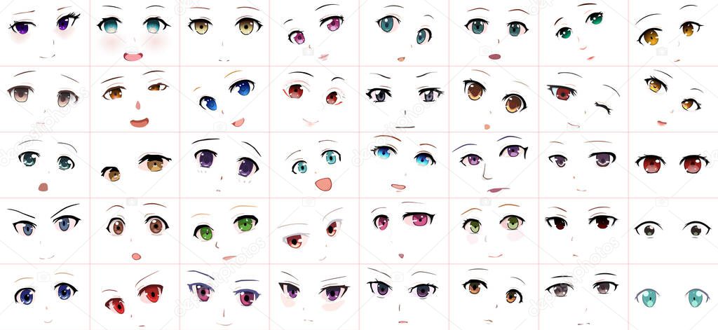 Set of Vector Cartoon Anime Style Expressions. Kawaii Cute Faces. Different Eyes, Mouth, Eyebrows. Joy. Anger. Calmness. Anime girl in japanese. Anime style, drawn vector illustration. Sketch. Big Set. Isolated vector illustration icons set.