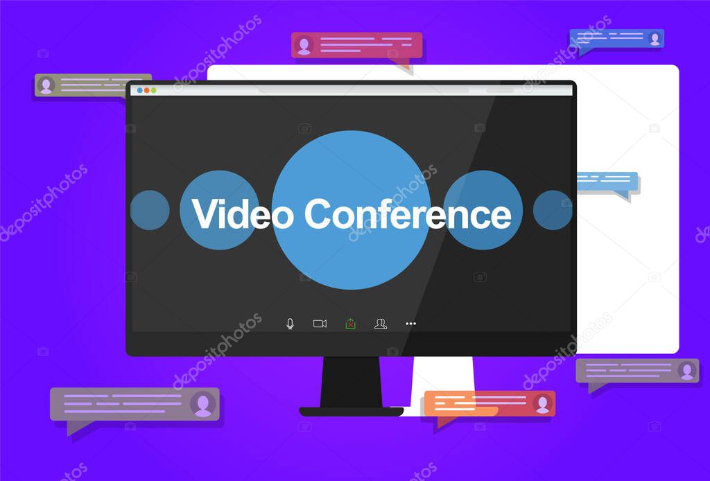 Conference video calls. Illustrations flat design concept video conference. online meeting work form home. Home education, distance learning. Monitor, pop-up messages on the background. EPS 10