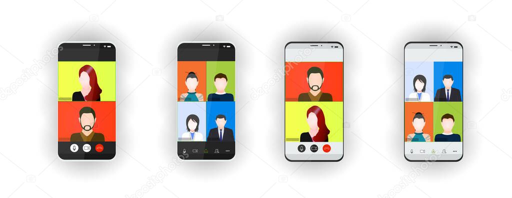 Video conference on the smartphone screen. Beautiful avatars for profiles. Illustrations flat design concept video conference. online meeting work form home. Home education, distance learning. EPS 10