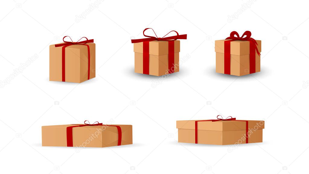 Christmas or any celebrations presents with ribbon and bow. Illustration of gifts with different dimension. Gift, box with a bow on a white background, a festive event. A holiday gift. Gift wrap. 