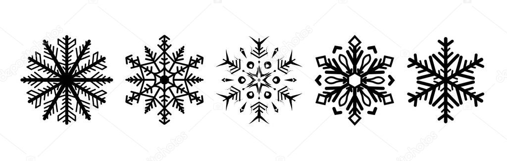 Set Snowflake icon. Christmas and winter theme. Snowflake Winter poster, digital illustration. Black snowflakes on white background. For Art, Print, Web design. Christmas Holiday banner.