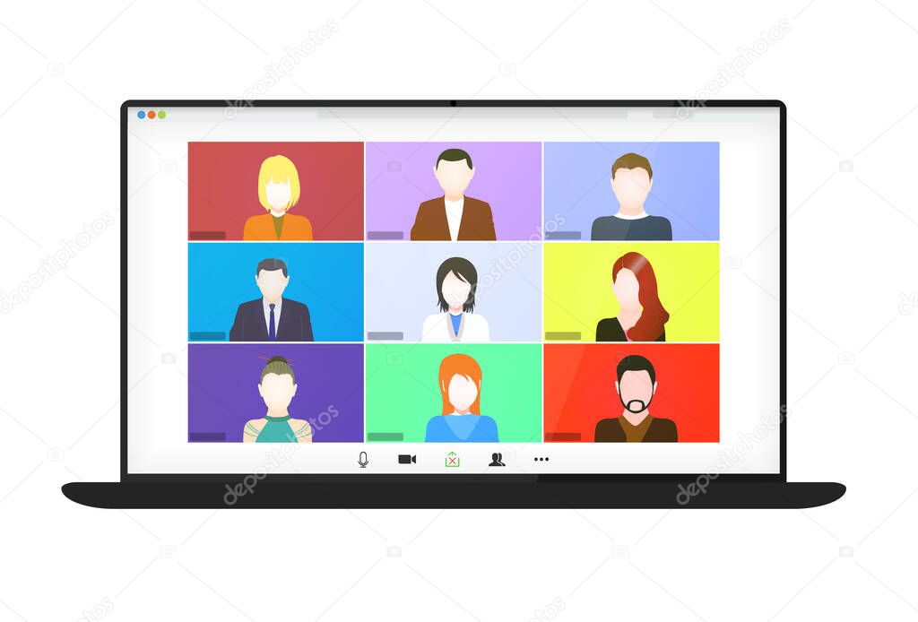 Video conference on the laptop screen. Beautiful avatars for profiles. Illustrations flat design concept video conference. online meeting work form home. Home education, distance learning. Vector