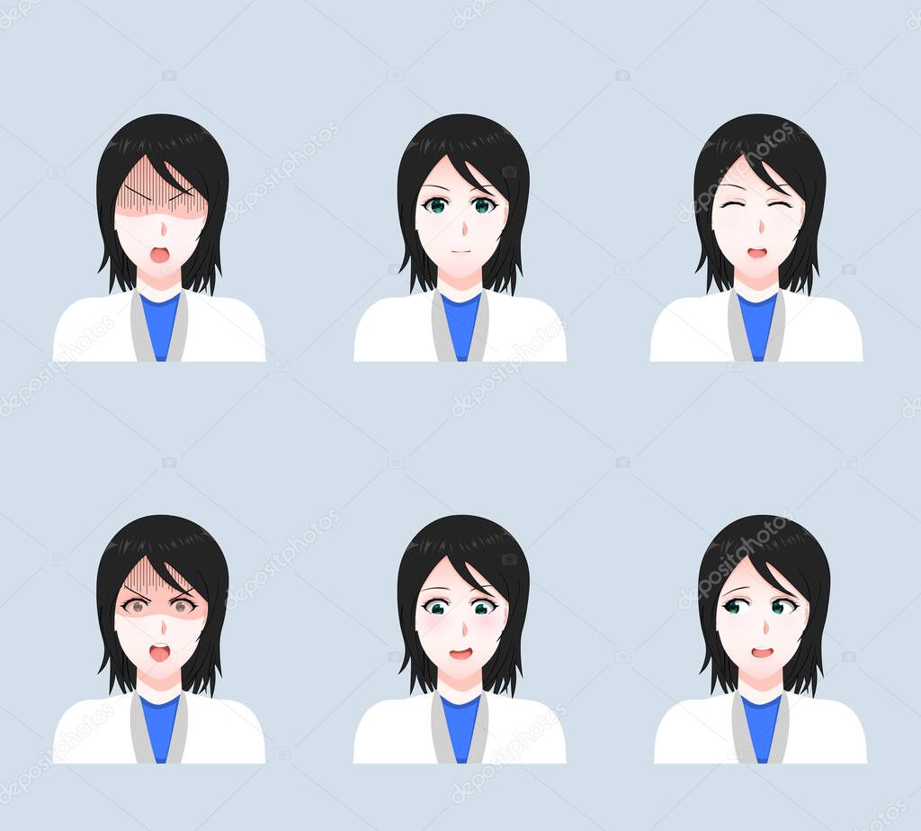 Cartoon face of a woman doctor. A set of girls of doctors with different emotions on their faces. Set of Vector Cartoon Anime Style Expressions. Drawn vector illustration. Sketch. EPS 10