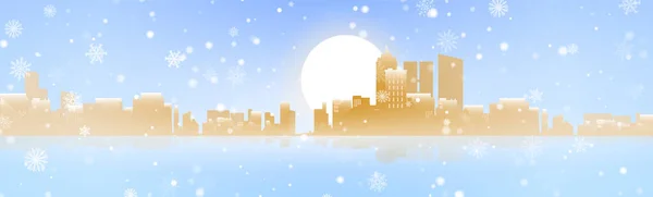 Вид на снежный дневной город. С Новым годом, Рождеством. Яркий свет солнца. Восход, рассвет. Горизонты. Векторная иллюстрация в плоском стиле. Красивый фон с освещением. — стоковый вектор