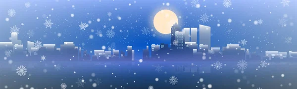 Vista della città nevosa di notte. Natale di Capodanno. Luminosa luce della luna e delle stelle sul cielo notturno della città. Illustrazione vettoriale in stile piatto. Bellissimo sfondo con illuminazione. — Vettoriale Stock