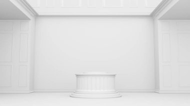 Kürsüye çıkın. İçerideki boş oda, gerçekçi 3D çizim. Soyut beyaz oda, boş duvar. Odada gerçekçi beyaz bir ışık var. Ürününüz için çok güzel bir geçmiş. 3B Hazırlama