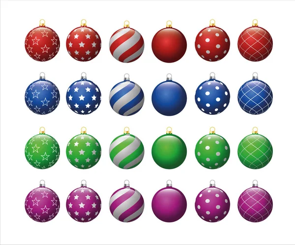 Set palle di Natale collezione vacanze invernali. Palle di Capodanno con fiocchi di neve, cerchi e motivi astratti. Natale e Capodanno festeggiano. Simbolo delle vacanze invernali isolato su sfondo bianco — Vettoriale Stock