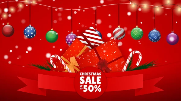 Christmas Sale. Many Different New Year Gifts on The Festive Background. Merry Christmas and Happy New Year. Colored. Winter Holidays Set Realistic gifts. Vector Illustration EPS 10 — Stock Vector