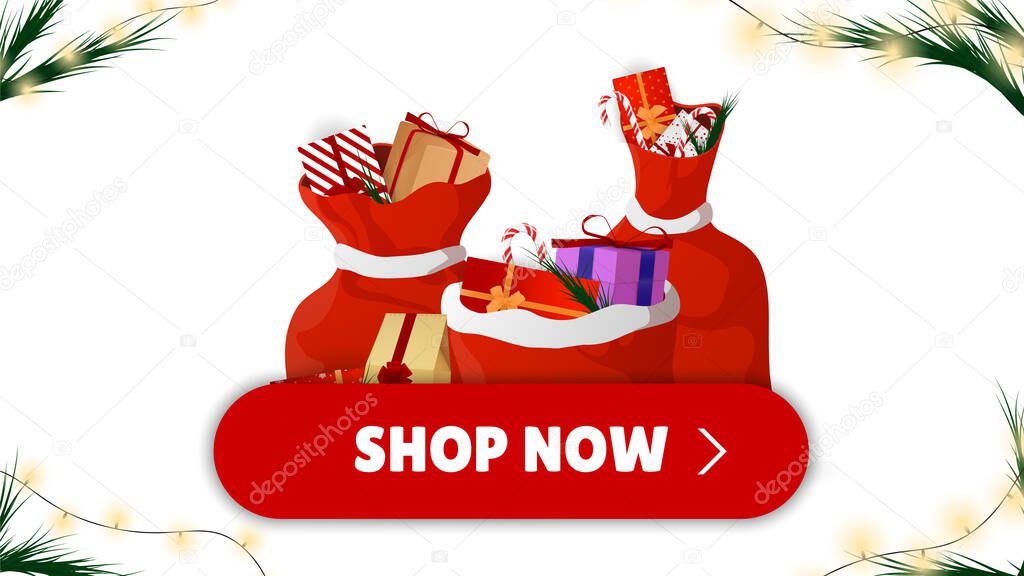Christmas Shop. Many Different New Year Gifts on The Festive Background. Merry Christmas and Happy New Year. Colored. Winter Holidays Set Realistic gifts. Snowflakes in the air. Vector Illustration