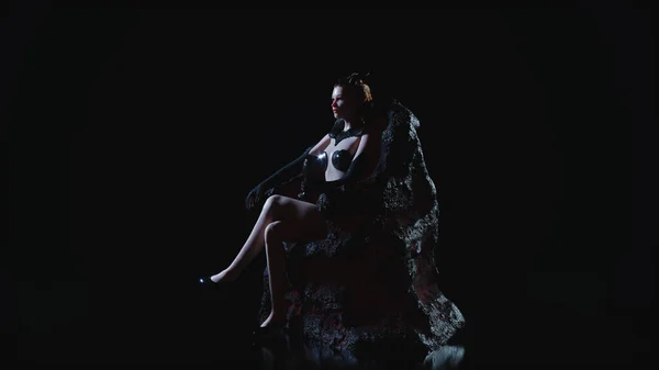Γυναίκα με ένα κύπελλο κάθεται στο θρόνο, όμορφο πορτρέτο,, κορίτσι κοιτάζοντας την κάμερα. Κρύο φως φόντο νύχτα. Ατσάλινη πανοπλία, Ρεαλιστική 3D καθιστούν μοντέλο. Dark Fantasy Υψηλής ποιότητας απεικόνιση — Φωτογραφία Αρχείου