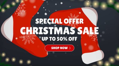 Özel Teklif Satışı. Noel alışverişi şimdi. Festivalin arka planında bir sürü farklı yeni yıl hediyesi var. Mutlu Noeller ve mutlu yıllar. Renkli. Kış Tatilleri Gerçekçi Hediyeler Belirler. Vektör İllüstrasyonu