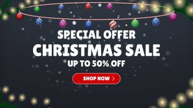 Özel Teklif Satışı. Noel alışverişi şimdi. Festivalin arka planında bir sürü farklı yeni yıl hediyesi var. Mutlu Noeller ve mutlu yıllar. Renkli. Kış Tatilleri Gerçekçi Hediyeler Belirler. Vektör İllüstrasyonu