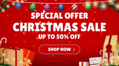 Özel Teklif Satışı. Noel alışverişi şimdi. Festivalin arka planında bir sürü farklı yeni yıl hediyesi var. Mutlu Noeller ve mutlu yıllar. Renkli. Kış Tatilleri Gerçekçi Hediyeler Belirler. Vektör İllüstrasyonu