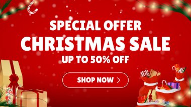 Özel Teklif Satışı. Noel alışverişi şimdi. Festivalin arka planında bir sürü farklı yeni yıl hediyesi var. Mutlu Noeller ve mutlu yıllar. Renkli. Kış Tatilleri Gerçekçi Hediyeler Belirler. Vektör İllüstrasyonu