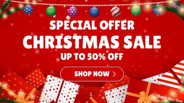 Özel Teklif Satışı. Noel alışverişi şimdi. Festivalin arka planında bir sürü farklı yeni yıl hediyesi var. Mutlu Noeller ve mutlu yıllar. Renkli. Kış Tatilleri Gerçekçi Hediyeler Belirler. Vektör İllüstrasyonu