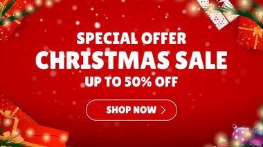 Özel Teklif Satışı. Noel alışverişi şimdi. Festivalin arka planında bir sürü farklı yeni yıl hediyesi var. Mutlu Noeller ve mutlu yıllar. Renkli. Kış Tatilleri Gerçekçi Hediyeler Belirler. Vektör İllüstrasyonu