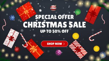 Özel Teklif Satışı. Noel alışverişi şimdi. Festivalin arka planında bir sürü farklı yeni yıl hediyesi var. Mutlu Noeller ve mutlu yıllar. Renkli. Kış Tatilleri Gerçekçi Hediyeler Belirler. Vektör İllüstrasyonu
