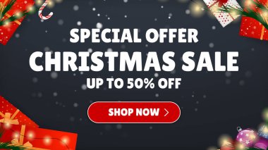 Özel Teklif Satışı. Noel alışverişi şimdi. Festivalin arka planında bir sürü farklı yeni yıl hediyesi var. Mutlu Noeller ve mutlu yıllar. Renkli. Kış Tatilleri Gerçekçi Hediyeler Belirler. Vektör İllüstrasyonu