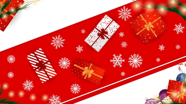 Fiocchi di neve su sfondo rosso e bianco. Buon Natale e felice anno nuovo. Impostare Regali di Capodanno sullo sfondo festivo. Colorato. Vacanze invernali Set regali realistici. Illustrazione vettoriale — Vettoriale Stock