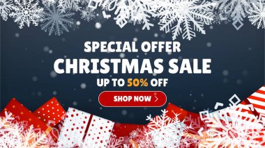 Festivalin arka planında yeni yıl hediyeleri. Noel Satış Dükkanı. Mutlu Noeller ve mutlu yıllar. Renkli. Kış Tatilleri Gerçekçi Hediyeler Belirler. Özel fiyat. Vektör İllüstrasyonu