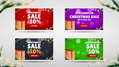 Festivalin arka planında yeni yıl hediyeleri. Noel Satış Dükkanı. Mutlu Noeller ve mutlu yıllar. Renkli. Kış Tatilleri Gerçekçi Hediyeler Belirler. Özel fiyat. Vektör İllüstrasyonu