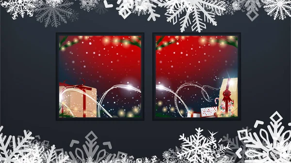 Eine Reihe von Neujahrsgeschenken vor einem festlichen Hintergrund. Christmas Sale Shop Now. Frohe Weihnachten und ein gutes neues Jahr. Farbig. Winterurlaube machen realistische Geschenke. Sonderangebot. Vektorillustration — Stockvektor