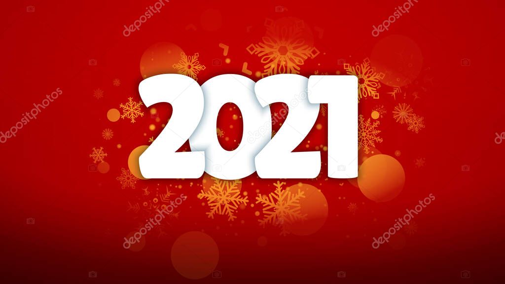 2021 holiday message on festive background. Promotion and shopping template for New Year. Merry Christmas and Happy New Year. Colored. Winter Holidays. Snowflakes in the air. Vector Illustration