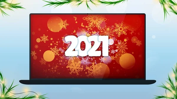 2021 mensaje de vacaciones en el ordenador portátil. Venta de Navidad. Tienda de Navidad ahora. Regalos de Año Nuevo en el portátil. Feliz Navidad y Feliz Año Nuevo. De color. Vacaciones de invierno. Ilustración vectorial — Vector de stock
