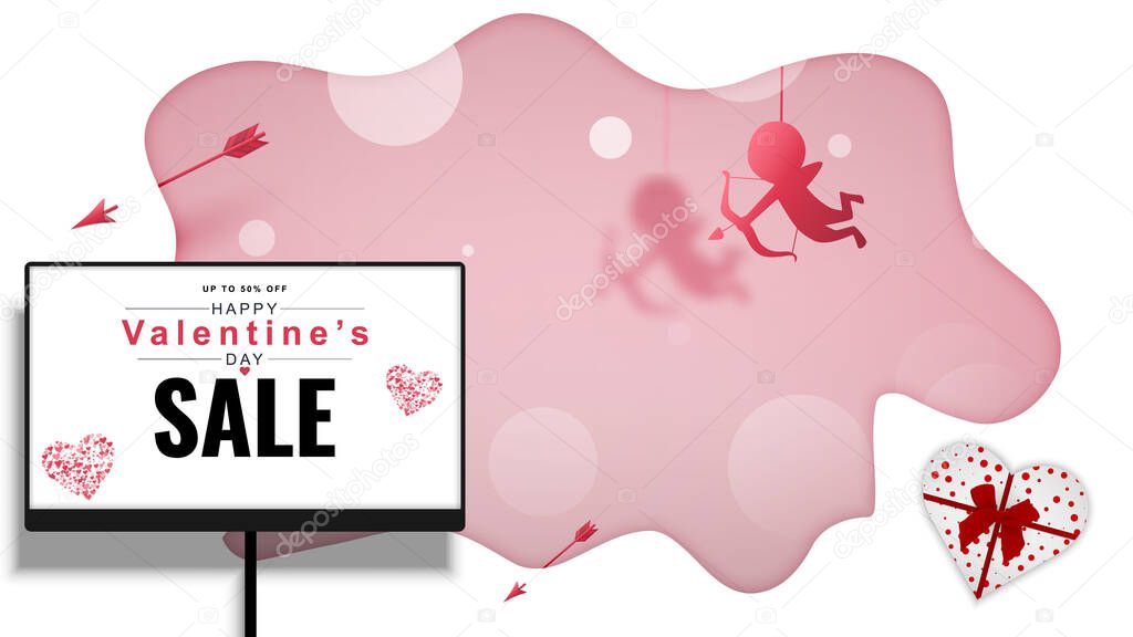 Valentines Day Sale background with heart pattern and typography Happy Valentines Day text on white background. Vector illustration. Romantic quote postcard, postcard, invitation, banner template.