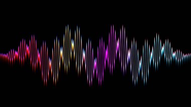 Ses dalgası çizgisi çok renkli müzik soyut arkaplan. Renkli grafik tasarımlı neon ışığı kıvrımlı.