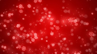 Gece yıldızlı kırmızı kar taneleri ve kırmızı arka planda kar yağıyor..
