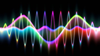 Ses dalgası çizgisi çok renkli müzik soyut arkaplan. Renkli grafik tasarımlı neon ışığı kıvrımlı.