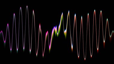 Ses dalgası çizgisi çok renkli müzik soyut arkaplan. Renkli grafik tasarımlı neon ışığı kıvrımlı.