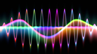 Ses dalgası çizgisi çok renkli müzik soyut arkaplan. Renkli grafik tasarımlı neon ışığı kıvrımlı.